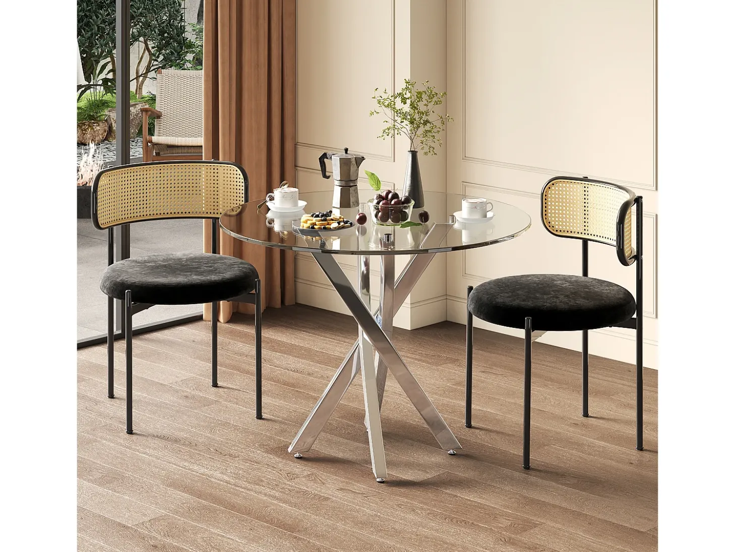 Mesa redonda de comedor 80×80×75 cm - tablero de vidrio templado - patas galvanizadas - plateado