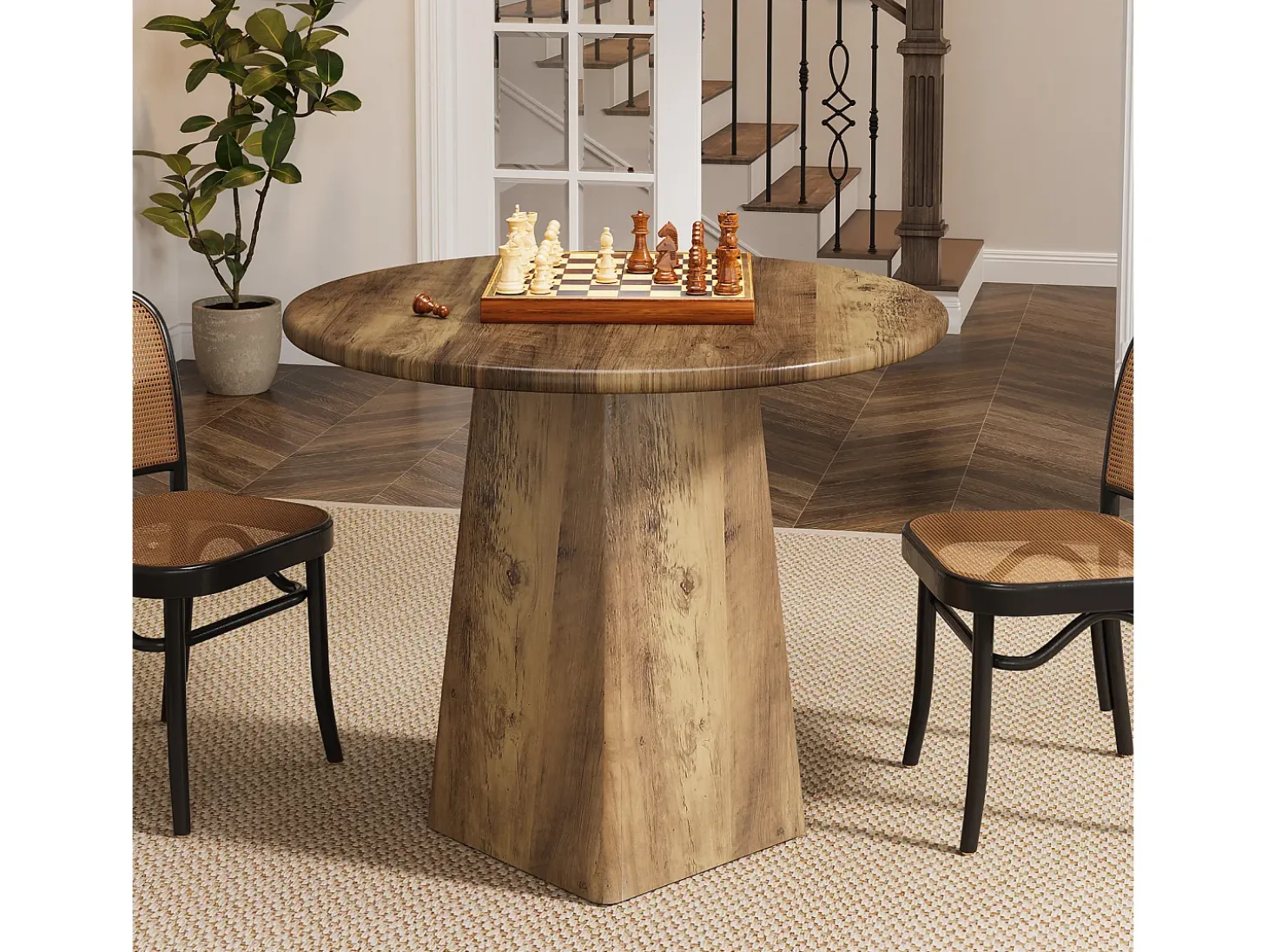 Mesa redonda de comedor de 80 cm para 2-4 personas, mesa de cocina pequeña rústica con base cuadrada