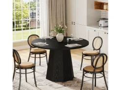 Mesa redonda de comedor negra, mesa pequeña de cocina circular de 118 cm con pedestal inclinado resistente, mueble de mesa de comedor moderno para comedor