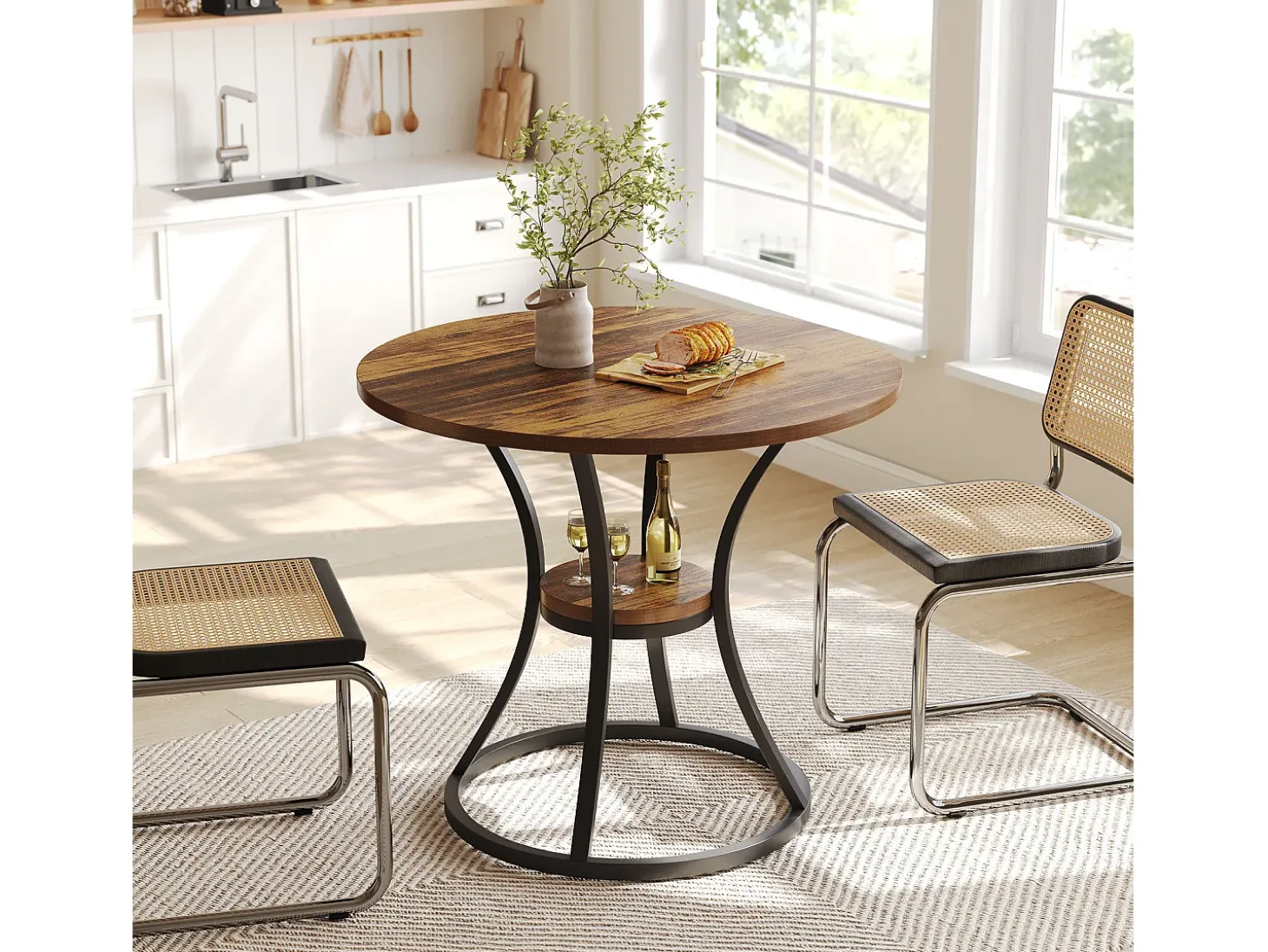 Mesa redonda de comedor para 4 personas, mesa de comedor circular de madera con estante de almacenamiento, 2 niveles