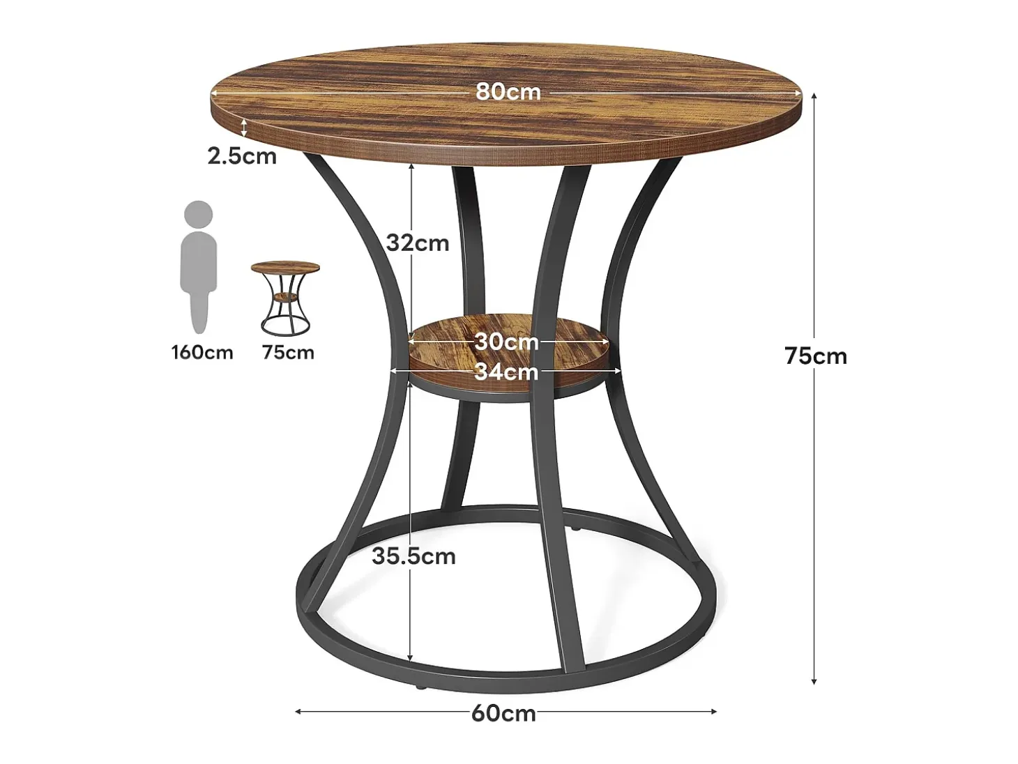 Mesa redonda de comedor para 4 personas, mesa de comedor circular de madera con estante de almacenamiento, 2 niveles