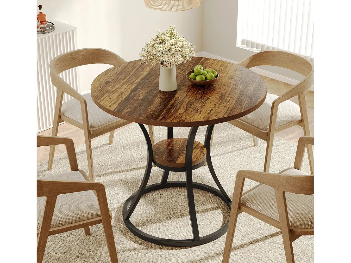 Mesa redonda de comedor para 4 personas, mesa de comedor circular de madera con estante de almacenamiento, 2 niveles