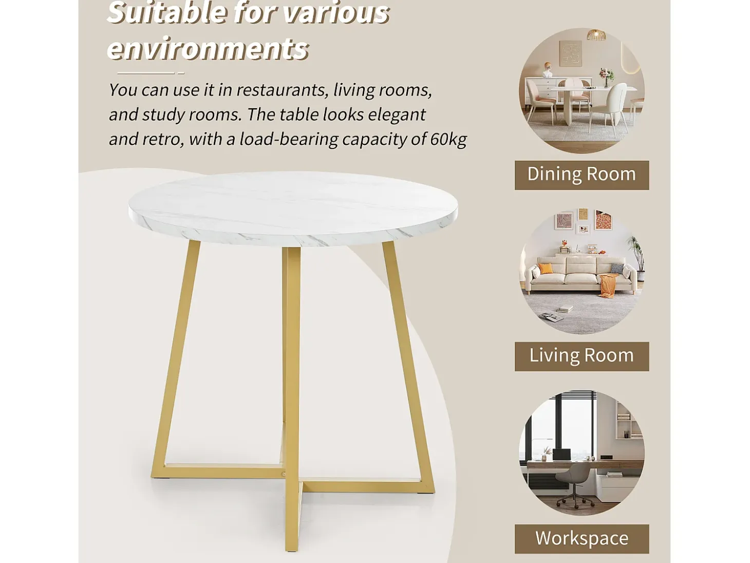 Mesa redonda de diseño, tapa de mármol blanco, base de metal dorado, para comedor y salón