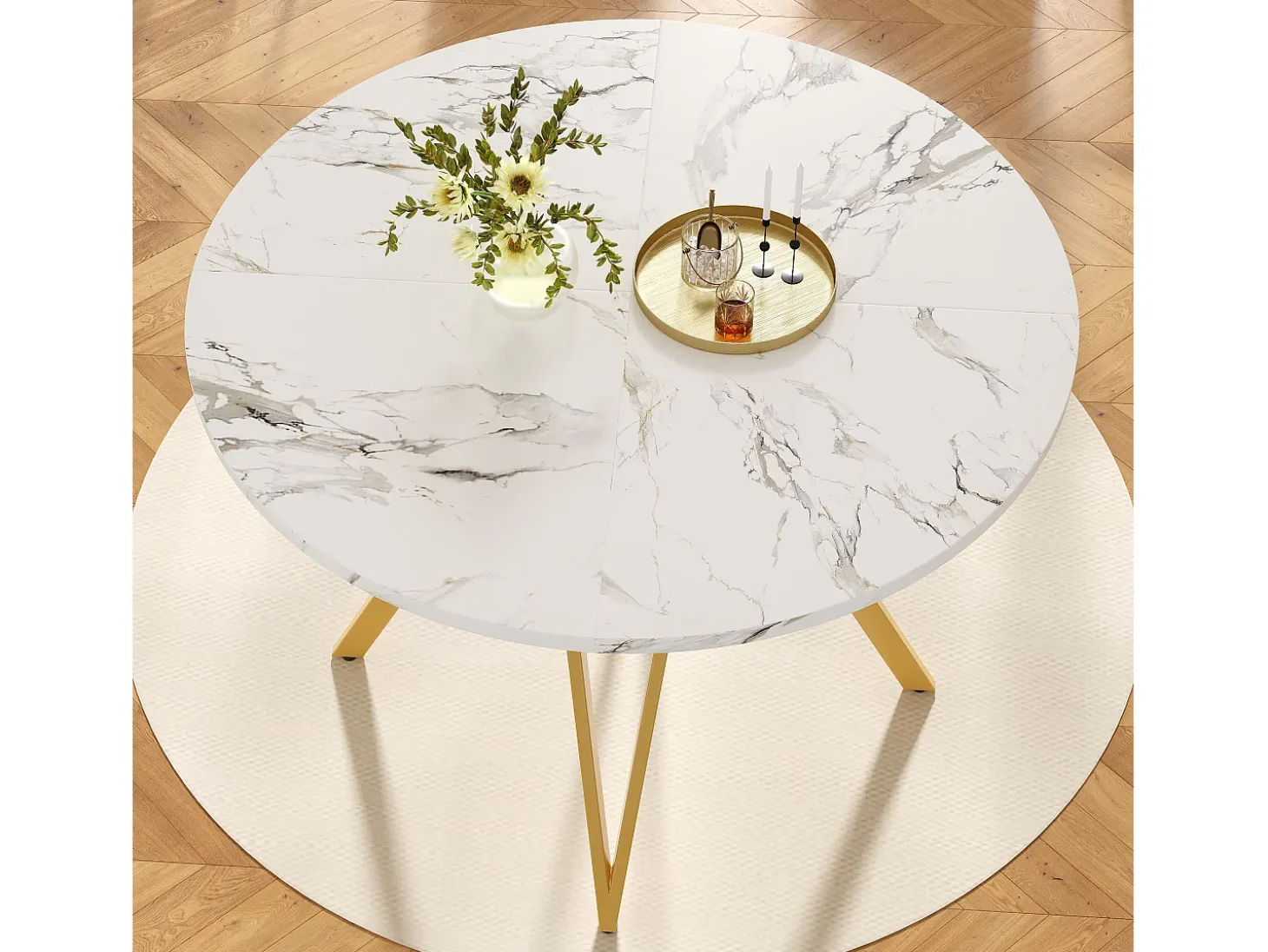 Mesa redonda de lujo, tablero de MDF marmolado, patas de metal dorado, para comedor y salón (100x100x76cm)