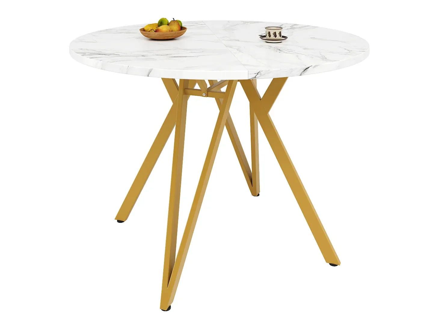 Mesa redonda de lujo, tablero de MDF marmolado, patas de metal dorado, para comedor y salón (100x100x76cm)