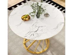 Mesa redonda de MDF efecto mármol con patas de metal dorado, 100 cm (100 x 100 x 76 cm)