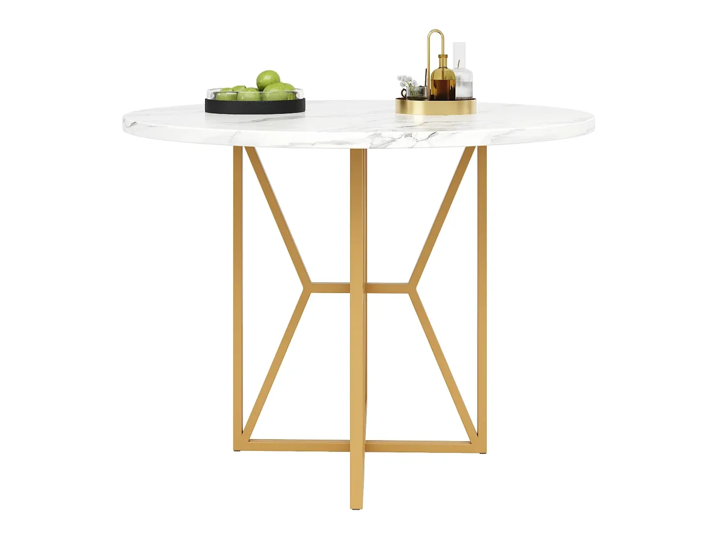 Mesa redonda 80x80x76 cm - Estructura de metal - acabado con diseño de mármol - Para 2 a 6 personas - Blanco y Dorado