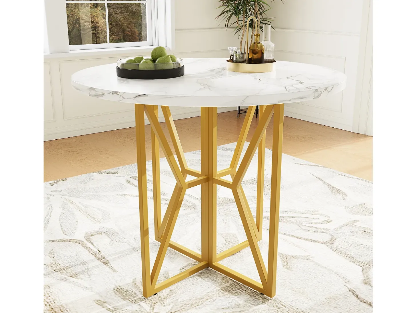 Mesa redonda 80x80x76 cm - Estructura de metal - acabado con diseño de mármol - Para 2 a 6 personas - Blanco y Dorado