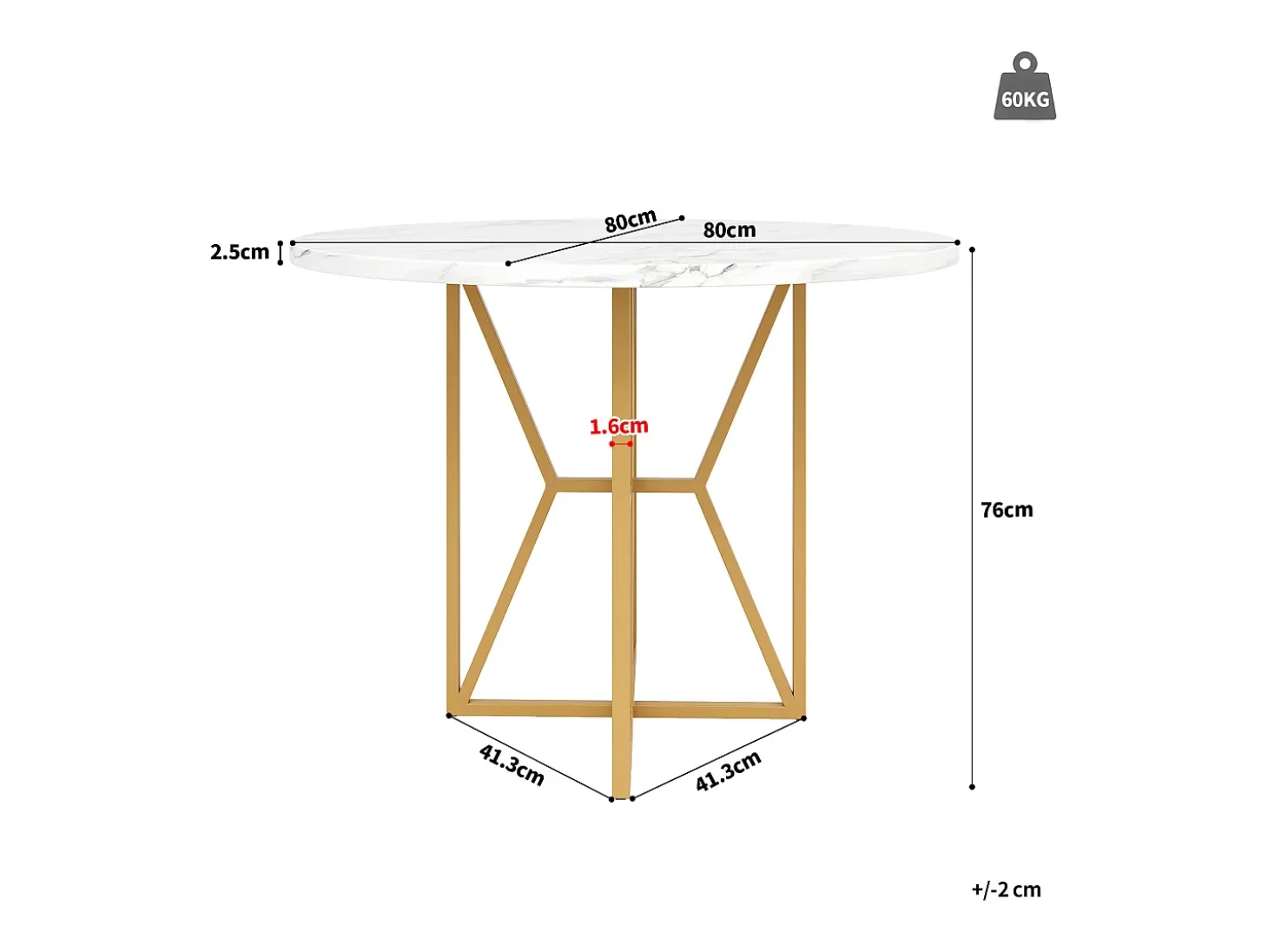 Mesa redonda 80x80x76 cm - Estructura de metal - acabado con diseño de mármol - Para 2 a 6 personas - Blanco y Dorado