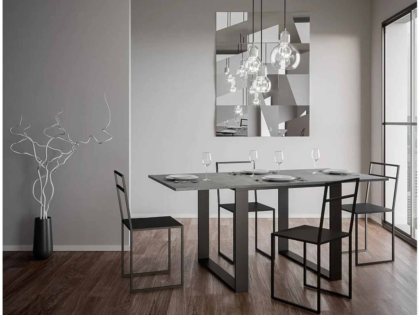 Mesa tipo libro 90x90/180 cm Tecno Libra Cemento estructura Antracita