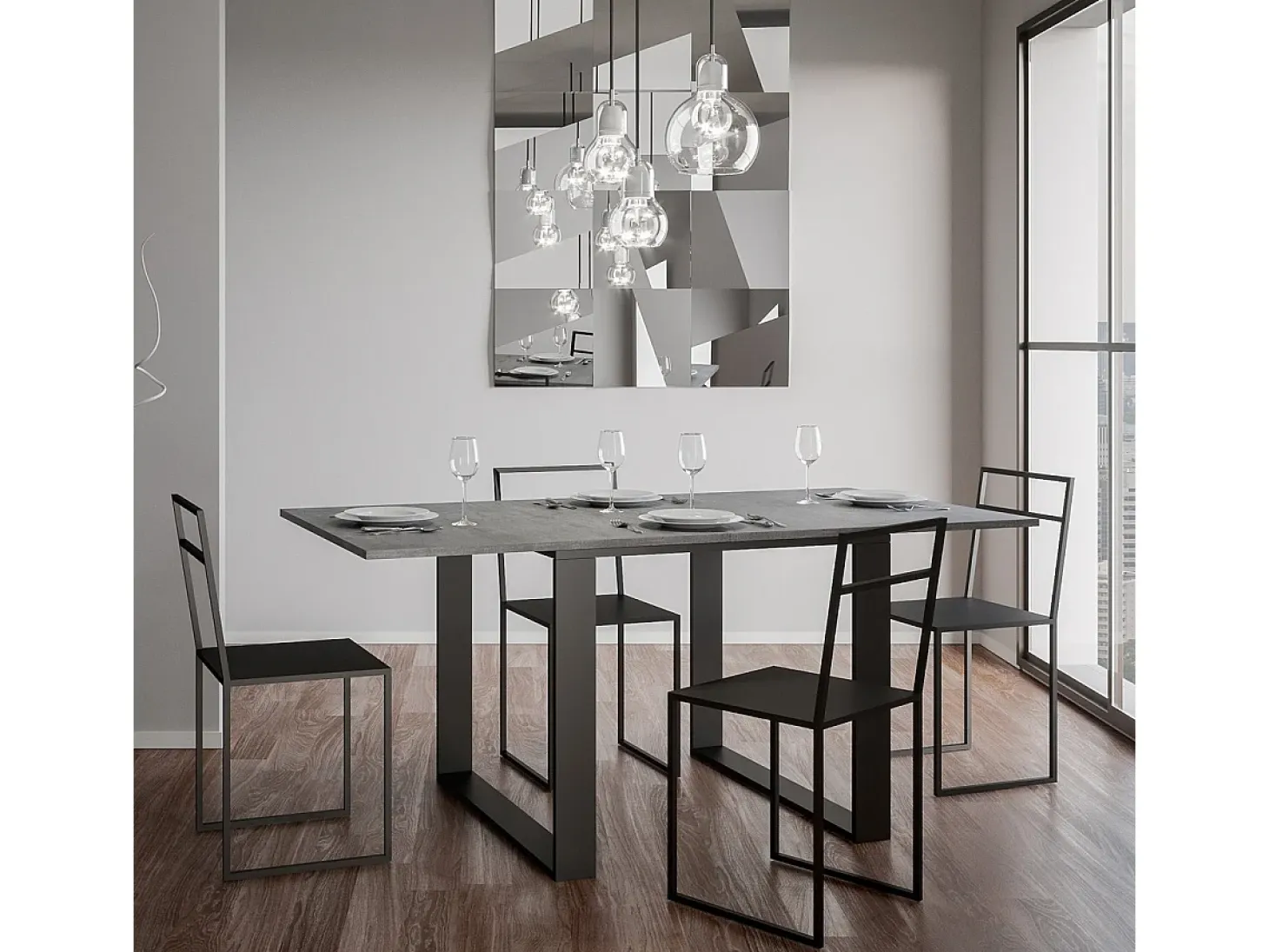 Mesa tipo libro 90x90/180 cm Tecno Libra Cemento estructura Antracita