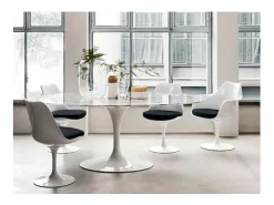 Mesa tulipán redonda, 110 cm, mármol negro, base negro mate-Bandeja Mármol arabescato-Diámetro 140 cm-Color de los pies Blanco mate
