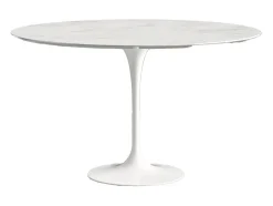 Mesa tulipán redonda, 110 cm, mármol negro, base negro mate-Bandeja Mármol arabescato-Diámetro 140 cm-Color de los pies Blanco mate