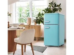 Mini nevera retro, 72 L en total, 21 L en congelador, 51 L en frigorífico, Clase energética E, LED, Diseño retro, Cian (45 x 44 x 91 cm)