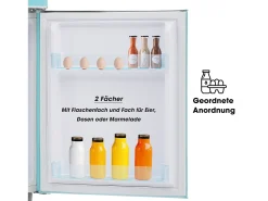 Mini nevera retro, 72 L en total, 21 L en congelador, 51 L en frigorífico, Clase energética E, LED, Diseño retro, Cian (45 x 44 x 91 cm)