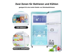 Mini nevera retro, 72 L en total, 21 L en congelador, 51 L en frigorífico, Clase energética E, LED, Diseño retro, Cian (45 x 44 x 91 cm)