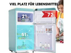 Mini nevera retro, 72 L en total, 21 L en congelador, 51 L en frigorífico, Clase energética E, LED, Diseño retro, Cian (45 x 44 x 91 cm)