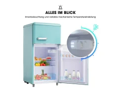 Mini nevera retro, 72 L en total, 21 L en congelador, 51 L en frigorífico, Clase energética E, LED, Diseño retro, Cian (45 x 44 x 91 cm)