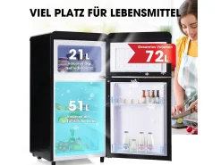 Mini nevera retro, 72 L en total, 21 L en congelador, 51 L en frigorífico, Clase energética E, LED, Diseño retro, Color negro (45 x 44 x 91 cm)