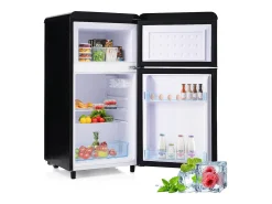 Mini nevera retro, 72 L en total, 21 L en congelador, 51 L en frigorífico, Clase energética E, LED, Diseño retro, Color negro (45 x 44 x 91 cm)