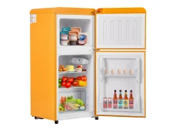 Mini nevera retro, 60 L en total, 22 L en congelador, 38 L en frigorífico, clase energética E, LED, diseño retro, amarillo (88,8 x 45,5 x 42,5 cm)