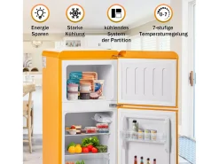 Mini nevera retro, 60 L en total, 22 L en congelador, 38 L en frigorífico, clase energética E, LED, diseño retro, amarillo (88,8 x 45,5 x 42,5 cm)
