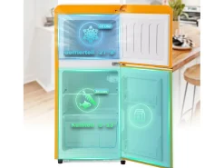 Mini nevera retro, 60 L en total, 22 L en congelador, 38 L en frigorífico, clase energética E, LED, diseño retro, amarillo (88,8 x 45,5 x 42,5 cm)