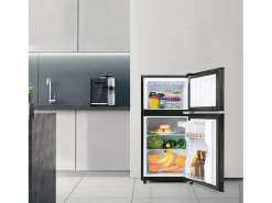 Mininevera de 60 L, congelador de 22 L, frigorífico de 38 L, clase energética E, LED, diseño moderno, color negro (86,8 x 45,5 x 42,5 cm)