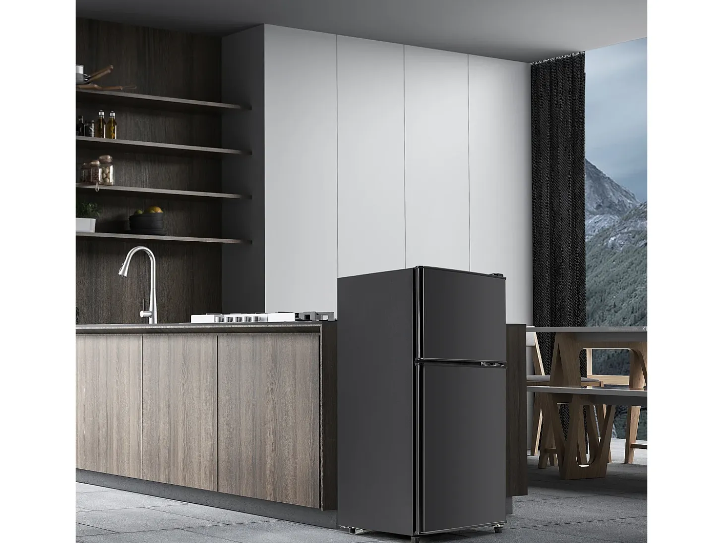 Mininevera de 60 L, congelador de 22 L, frigorífico de 38 L, clase energética E, LED, diseño moderno, color negro (86,8 x 45,5 x 42,5 cm)