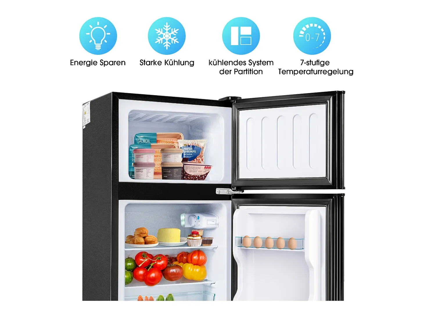 Mininevera de 60 L, congelador de 22 L, frigorífico de 38 L, clase energética E, LED, diseño moderno, color negro (86,8 x 45,5 x 42,5 cm)