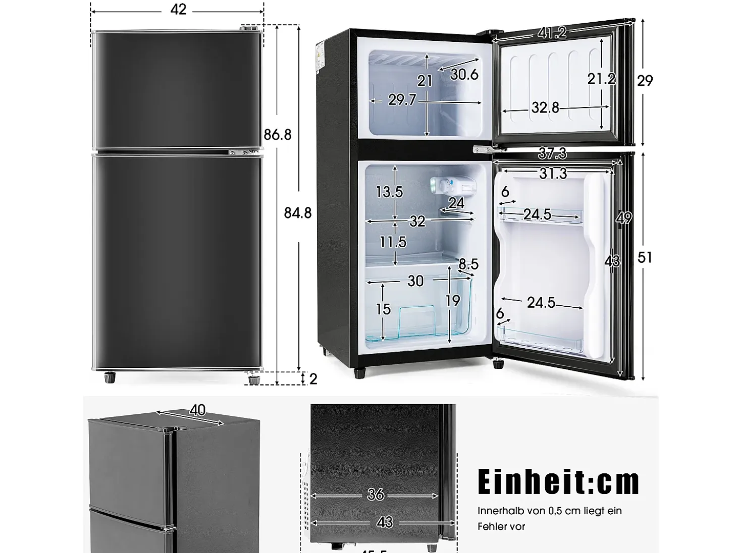 Mininevera de 60 L, congelador de 22 L, frigorífico de 38 L, clase energética E, LED, diseño moderno, color negro (86,8 x 45,5 x 42,5 cm)