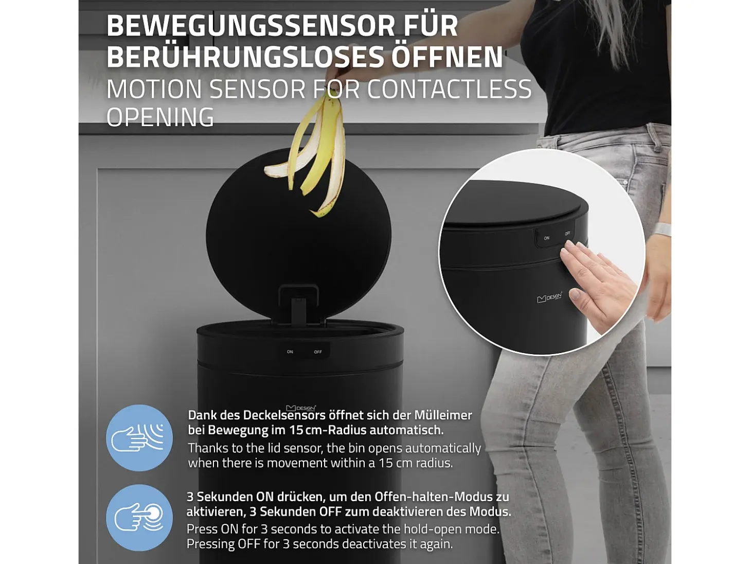 ML-Design Cubo de basura inteligente con sensor de movimiento 30L papelera redonda con apertura y cierre automática de acero negro con pantalla LED