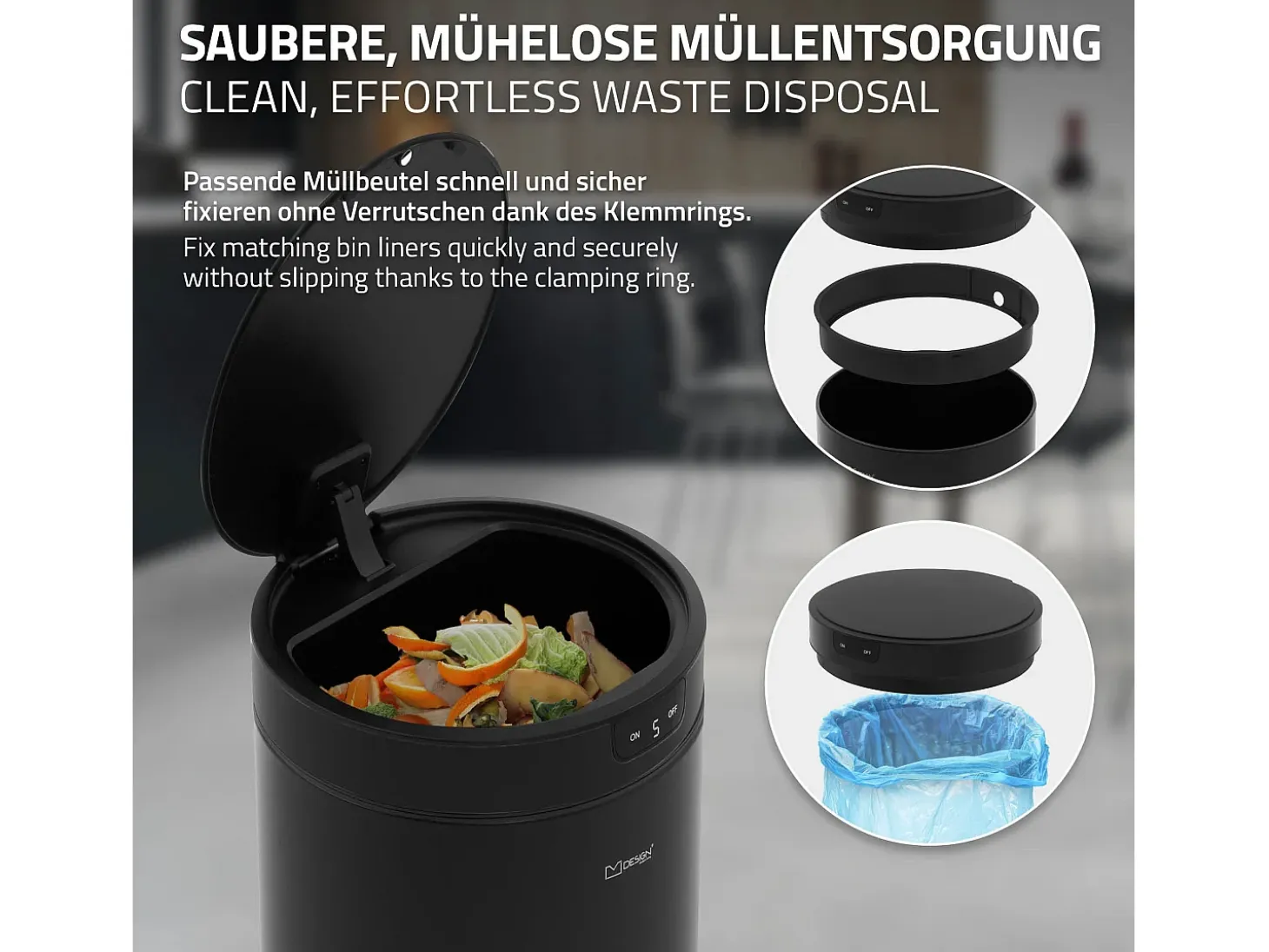 ML-Design Cubo de basura inteligente con sensor de movimiento 30L papelera redonda con apertura y cierre automática de acero negro con pantalla LED