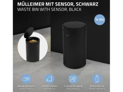 ML-Design Cubo de basura inteligente con sensor de movimiento 30L papelera redonda con apertura y cierre automática de acero negro con pantalla LED