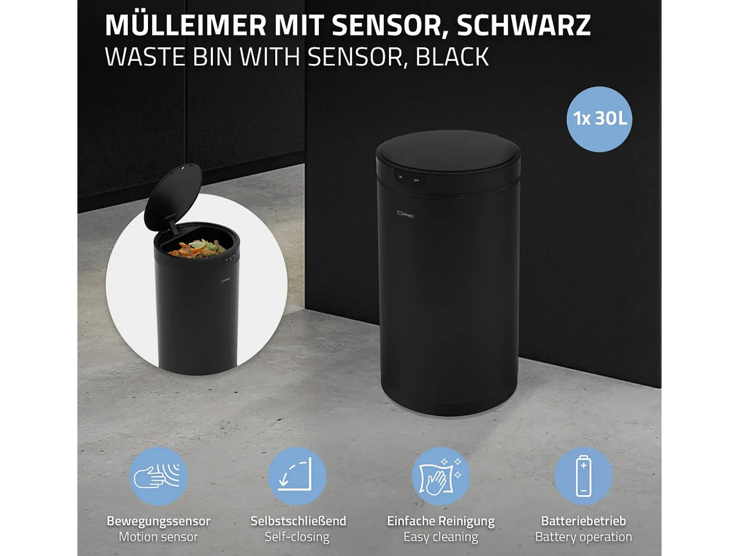 ML-Design Cubo de basura inteligente con sensor de movimiento 30L papelera redonda con apertura y cierre automática de acero negro con pantalla LED