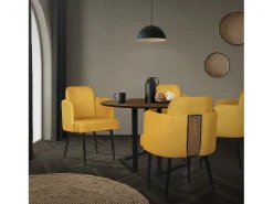 ML-Design 6x Sillas de comedor con funda de tela mostaza asientos sofá de salón con respaldo y reposabrazos de ratán mueble tapizado y patas de metal