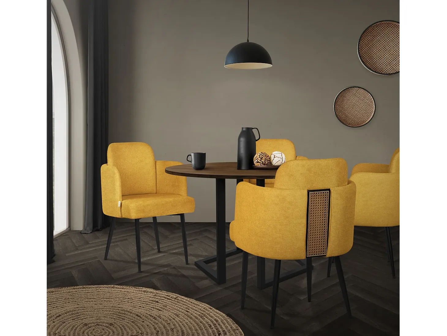 ML-Design 6x Sillas de comedor con funda de tela mostaza asientos sofá de salón con respaldo y reposabrazos de ratán mueble tapizado y patas de metal