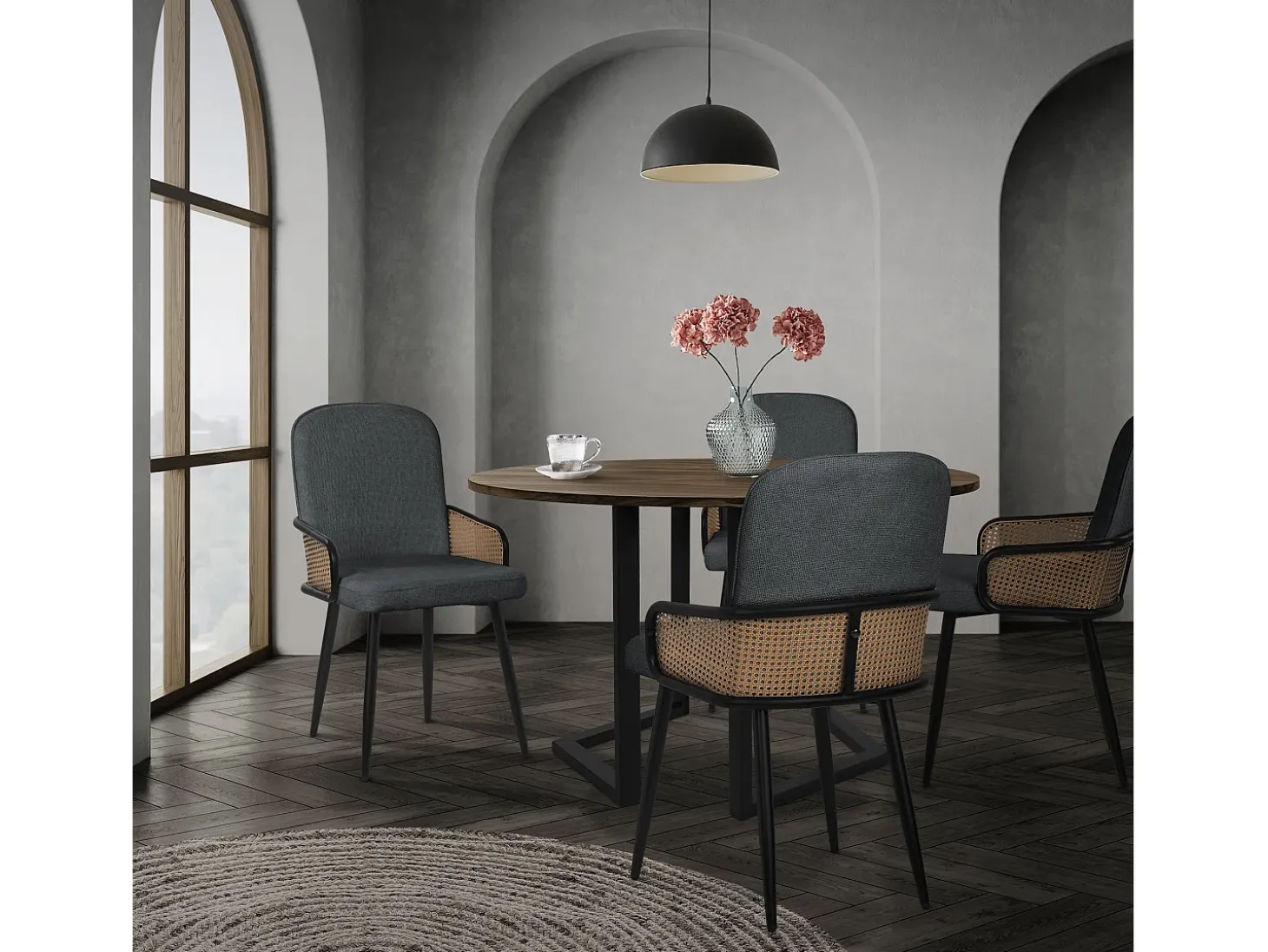 ML-Design 4x Sillas de comedor con funda de tela antracita, asiento con respaldo, reposabrazos con aspecto de ratán sillón ergonómico de cocina