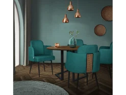 ML-Design 2x Sillas de comedor con funda de tela turquesa oscuro asientos con respaldo y reposabrazos de ratán mueble tapizado y patas de metal