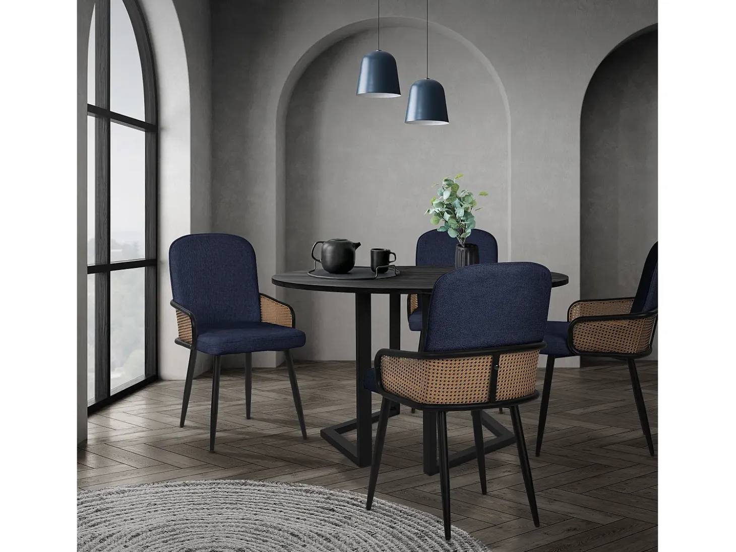 ML-Design 6x Sillas de comedor con funda de tela azul oscuro, asiento con respaldo, reposabrazos con aspecto de ratán sillón ergonómico de cocina