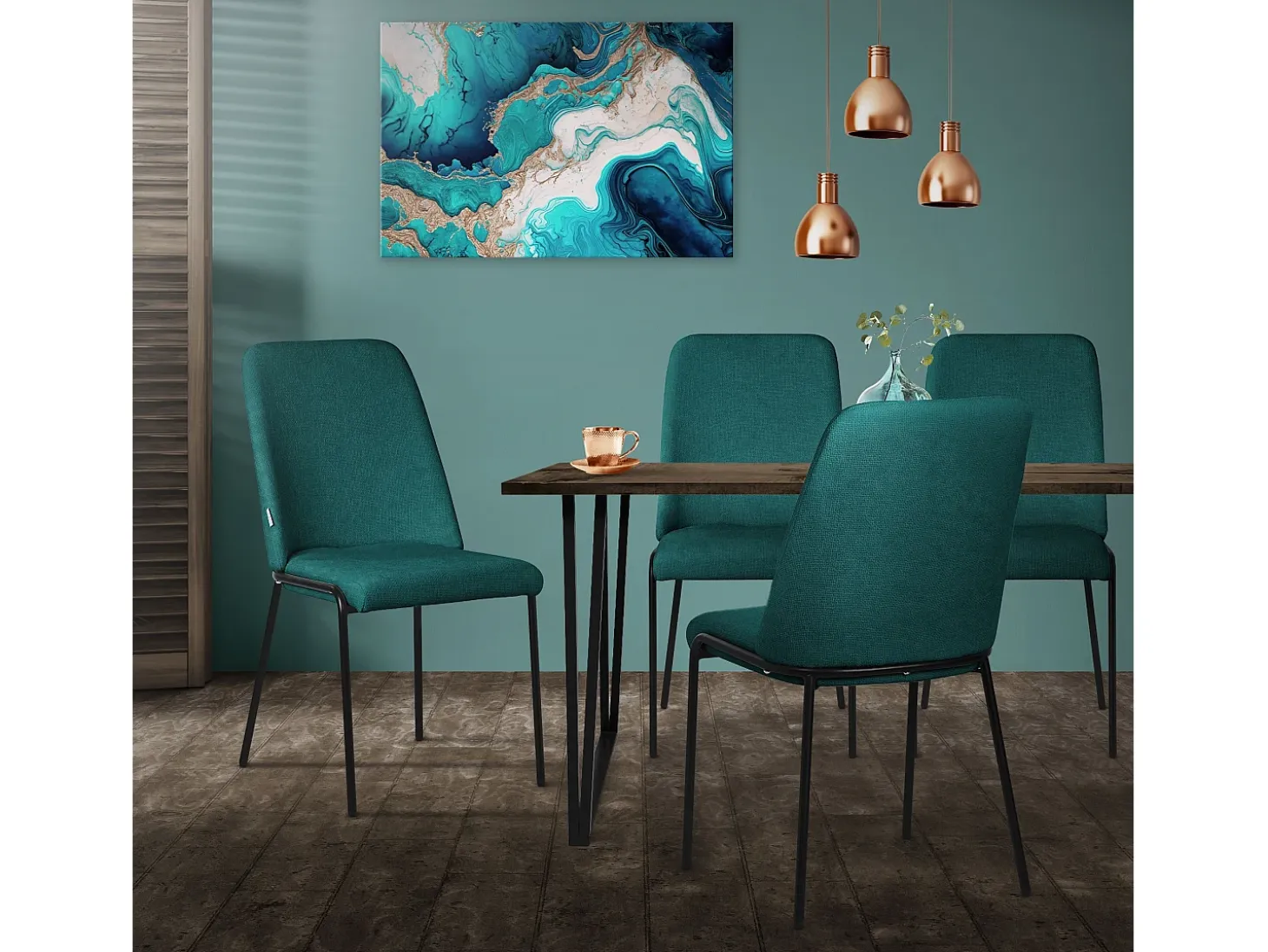 ML-Design 4x Sillas de comedor petróleo poliéster tapizado con patas de metal asiento acolchado con respaldo diseño atemporal mueble ergonómico