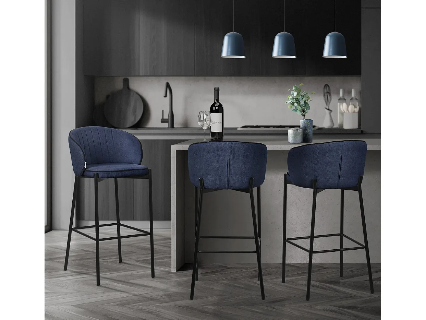 ML-Design 4x Taburetes de bar azul oscuro con tapizado de tela, 76cm sillas con respaldo y reposapíes, estructura metálica sillones para encimera