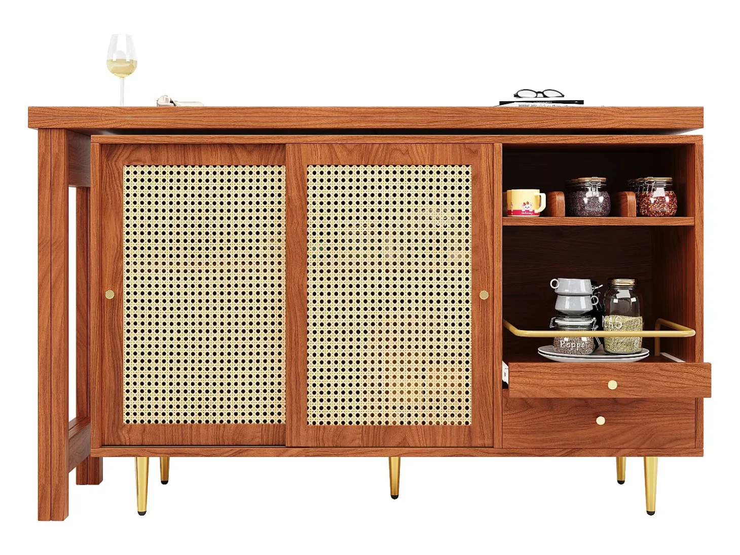 Mobile bar girevole con 2 ante scorrevoli in rattan e cassetto - marrone