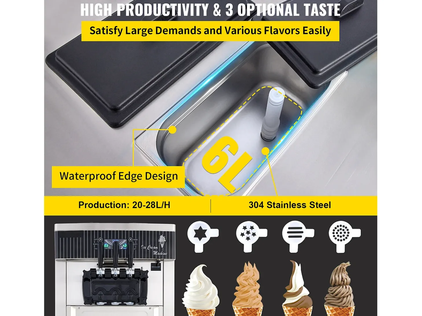 Máquina Comercial para Helado Suave SucceBuy de 2200 W, 2+1 Sabores, de Pie