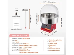 Máquina de Algodón de Azúcar Comercial SucceBuy, Máquina de Algodón de Azúcar 1000 W con Tapa, Roja
