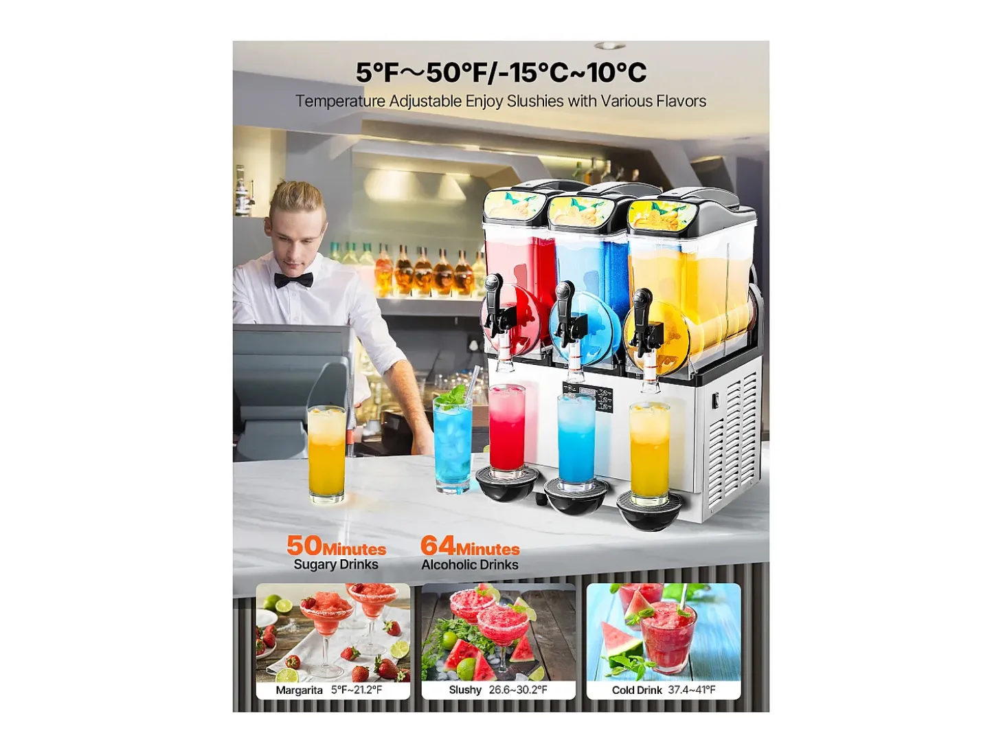 Máquina de Granito SucceBuy, 3 Depósitos de 15 L, Acero Inoxidable, Distribuidor de Bebidas Heladas, para Hogar, Restaurantes, Cafés, Bares