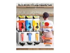 Máquina de Granito SucceBuy, 3 Depósitos de 15 L, Acero Inoxidable, Distribuidor de Bebidas Heladas, para Hogar, Restaurantes, Cafés, Bares