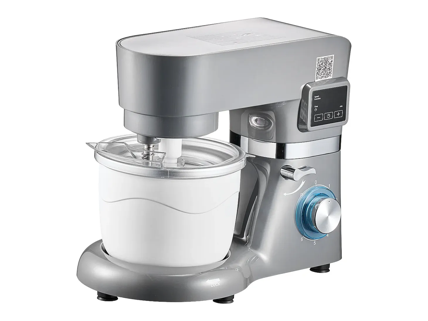 Máquina de Hacer Sorbetes SucceBuy 1,7 L, Robot de Repostería a 6 Velocidades, con Pantalla Digital LED y Temporizador, Paleta de Mezcla, Gancho Amasador, Gris