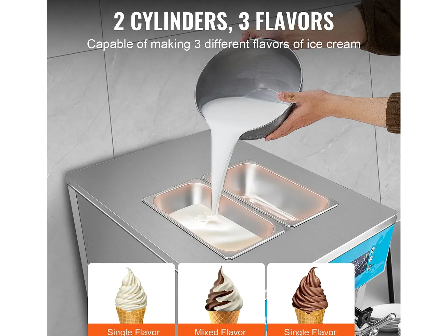 Máquina de Helado Blando Comercial SucceBuy, 21 - 31 L/H, 1500 W, 3 Sabores, 2x5,5 L, para Yogur, Café y Snack-Bar