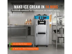 Máquina de Helado Blando Comercial SucceBuy, 21 - 31 L/H, 1500 W, 3 Sabores, 2x5,5 L, para Yogur, Café y Snack-Bar